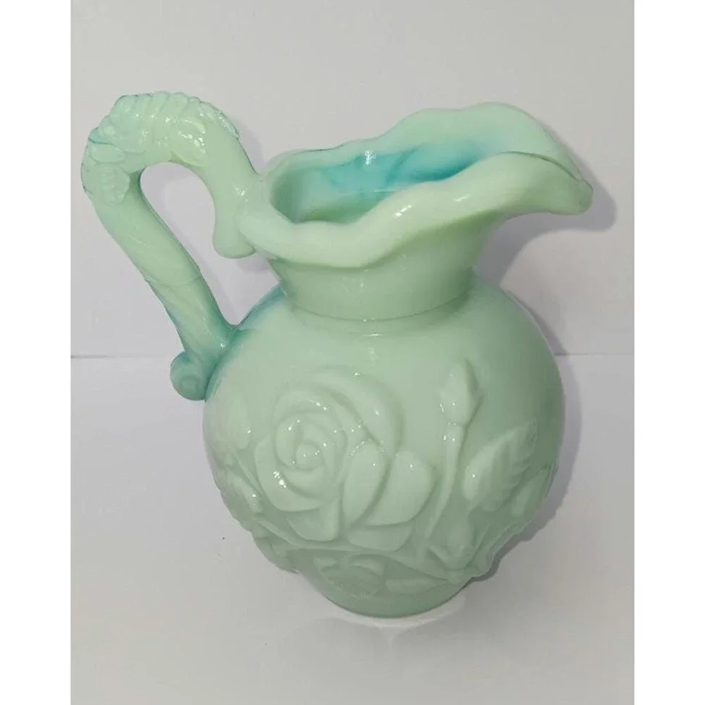 Vintage Avon Green Glass Pitcher Vase / Jadeite Style Floral Rose Relief / Cotta